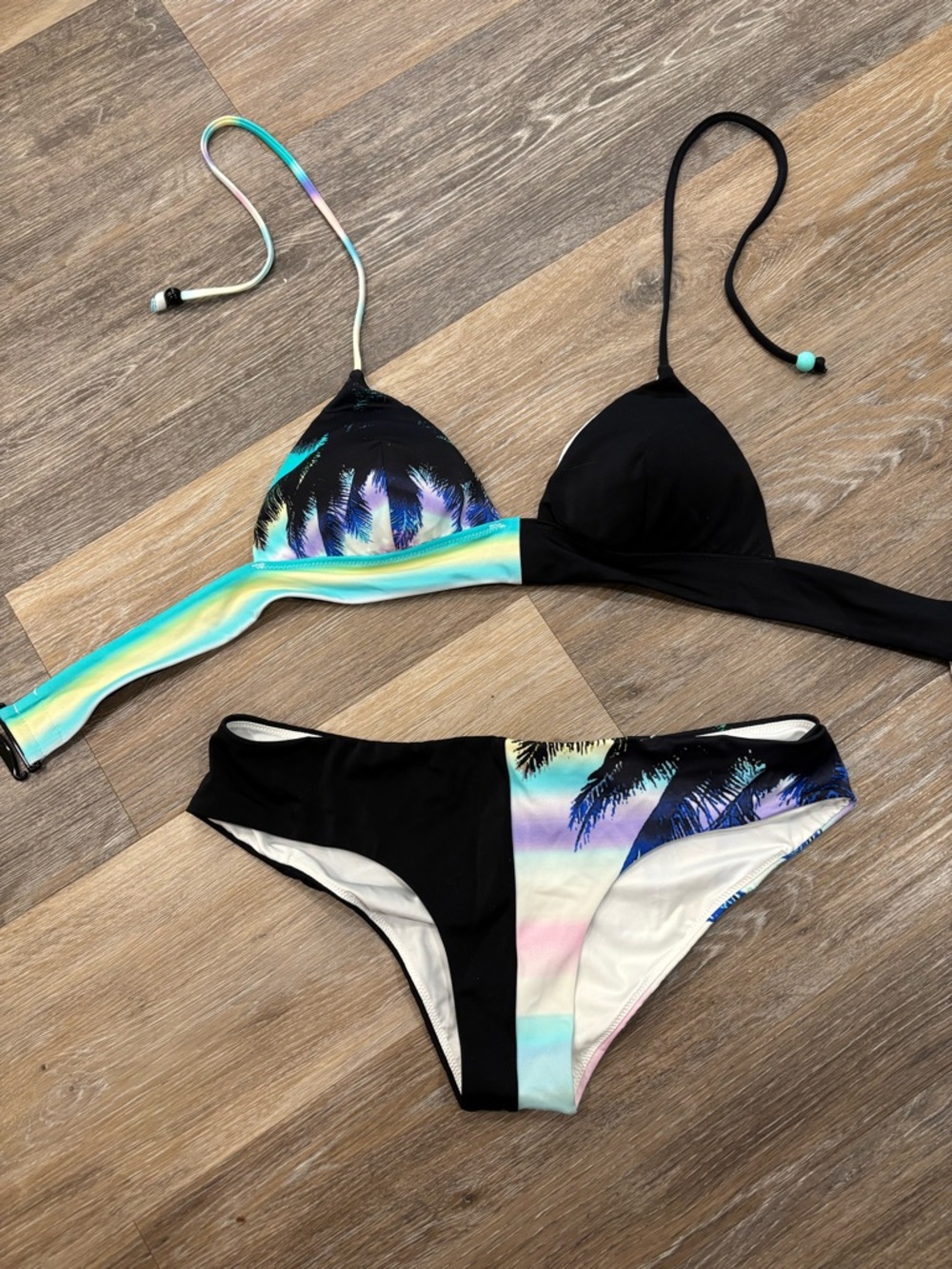 Victoria's Secret Black Bikini with Pastel Gradient Palm Print
